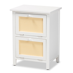 Baxton Studio Sariah Mid-Century Modern White Finished Wood and Rattan 2-Door End Table